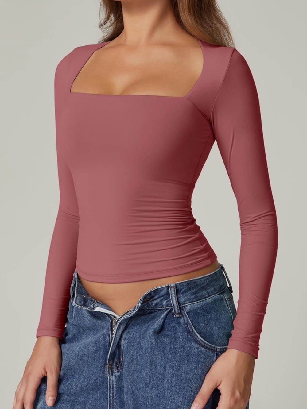 Dusty Rose 🪷 Fitted Square Neck Long Sleeve Top - Picture 3 of 10